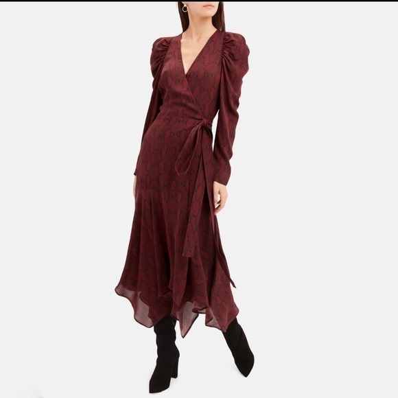 ALC RED SNAKESKIN SILK LONG PUFF SLEEVE RED HOLIDAY TIANNA WRAP MIDI DRESS - Picture 2 of 11